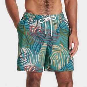 NWT Goodfellow & Co. Men's 7" Leaf-Print Swim Trucks With Boxer Brief Liner